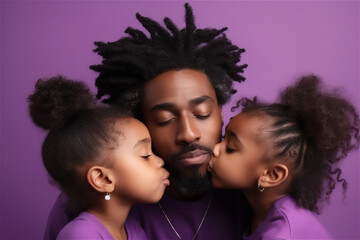 black mid father and child hugging and kissing on a violet background, generative ai