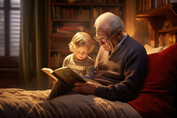 Grandfather reads a bedtime story to his little grandson created with Generative AI technology - obrazy, fototapety, plakaty