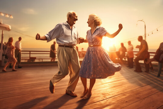 Happy lovely satisfied mature couple dancing at sunset during sea romantic vacation together made with Generative AI technology