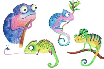 Set of isolated chameleons, cartoon illustration.