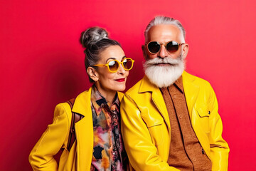 Portrait of a stylish fashionable cool adult couple in glasses on a red background created with Generative AI technology