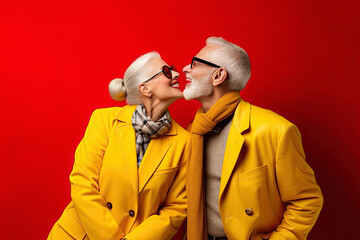 Portrait of a stylish fashionable cool extravagant adult couple on a red background created with Generative AI technology