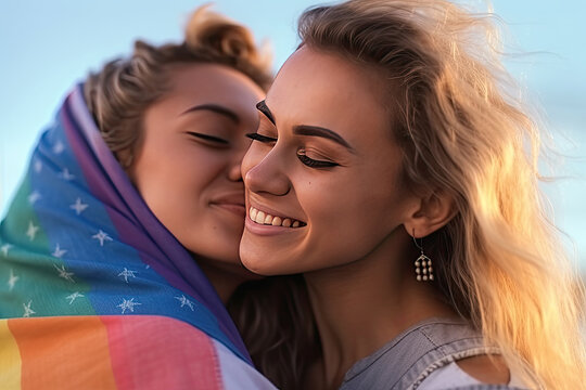 Portrait of two happy satisfied lgbt women lovers hugging together created with Generative AI technology