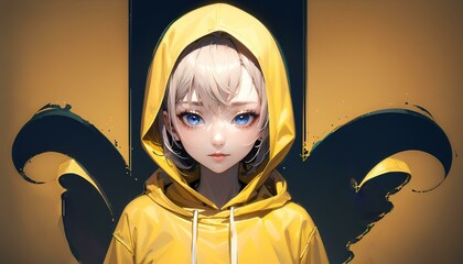 Anime girl in yellow hoodie and pink hair