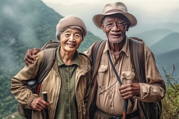 Fototapeta premium Multicultural traveling adult couple hiking together in the mountains made with Generative AI technology