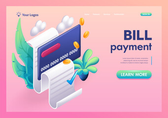 3D Isometric, cartoon. Mobile smart phone with paying bills. Invoice, bill icon. Trending Landing Page