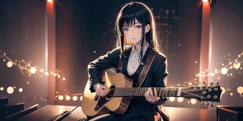 Beautiful young woman playing guitar on stage - obrazy, fototapety, plakaty