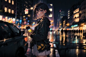 Fototapeta na wymiar Pretty Young Woman Using Cellphone at Night