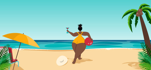 girl on the beach, vector illustration, cartoon style, body positivity, african american woman on the beach