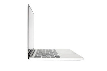 Side view of  laptop with blank screen isolated on transparent background