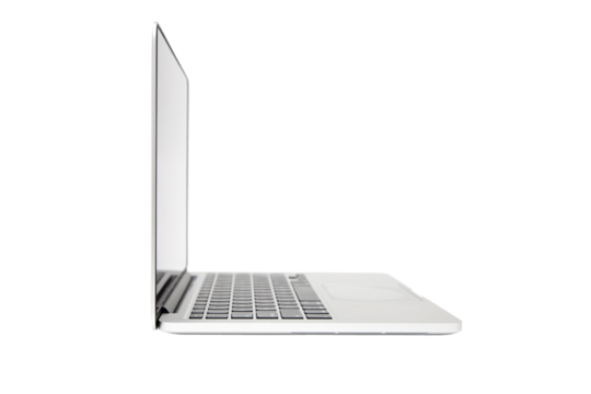 Side view of  laptop with blank screen isolated on transparent background