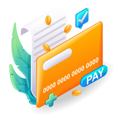 Trending 3D Isometric, cartoon illustration. Payment of utility, bank, restaurant and other bill. Credit card Icon. Vector icons for website