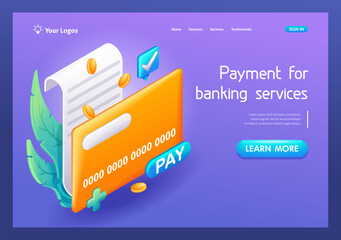 3D Isometric, cartoon. Payment of banking services, restaurant and other bills. Credit card icon. Trending Landing Page
