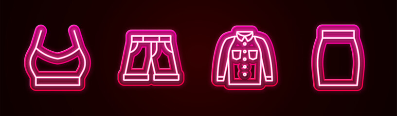 Set line Female crop top, Short or pants, Shirt and Skirt. Glowing neon icon. Vector