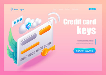 3D Isometric, cartoon. Credit card keys. Credit card security concept. Trending Landing Page