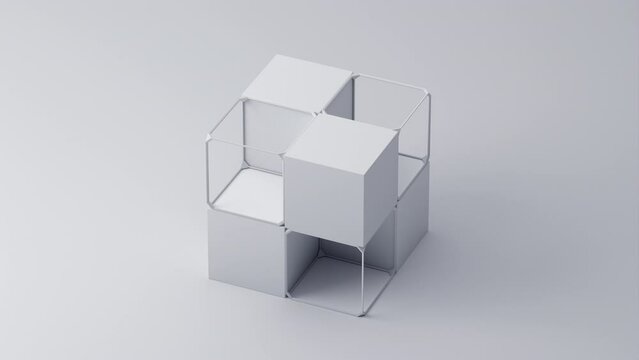Abstract 3d animation, white geometric composition with cubes, 4k seamless looped video