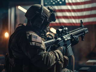 United States Army Special forces soldier in uniform and helmet with assault rifle Created with Generative AI technology