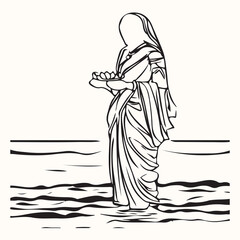 Fototapeta na wymiar Woman dressed in a sari carrying out a religious ceremony whilst standing in the River in India line art vector