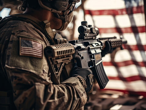 United States Army Special forces soldier in uniform and helmet with assault rifle Created with Generative AI technology