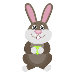 Funny toy rabbit with long pink ears and white big teeth. Wildlife child animal isolated on white background. Cute domestic kind animal in cartoon style. Bunny smiles, eating leaf. Vector illustration