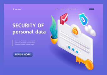 3D Isometric, cartoon.Security of personal data stored in cloud storage. Secure transmission of information. Trending Landing Page
