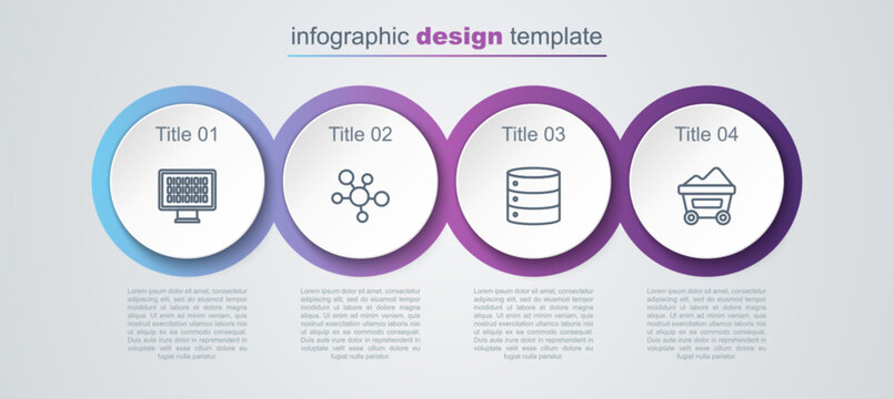 Set line Binary code, Mind map infographic, Server and Coal mine trolley. Business infographic template. Vector