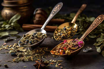 tea strands on three metallic spoons