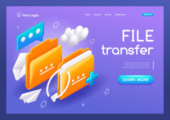 3D Isometric, cartoon. File transfer concept. Yellow folders with document.Trending Landing Page