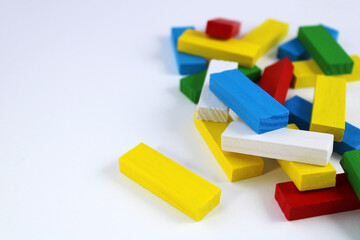 Jenga game, colorful wooden blocks
