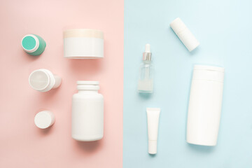 A lot of bottle and jar for cosmetic on two colored background
