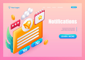 3D Isometric, cartoon. Email marketing, online advertising concept. Notifications. Trending Landing Page