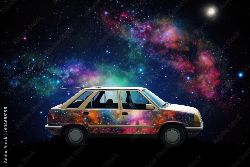 Wall mural futuristic retro car on galaxy and nebula background. vehicle in space for futuristic travel. creati