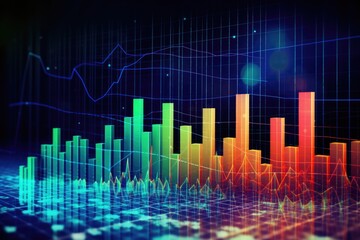 Perspective view of stock market growth, business investing and data concept with digital financial chart graphs, diagrams and indicators