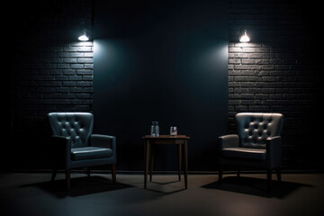 Studio for interview and podcast. Two empty chairs and spotlights in dark room. Created with Generative AI