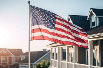 USA flag on corner of living house. Symbol of patriotism. Building with waving national american flag. Generative AI