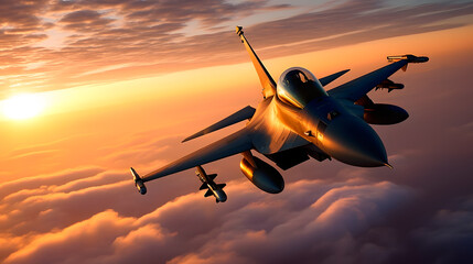 Fototapeta na wymiar Air force fighter in the sky at sunset