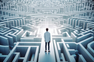 Person find exit from labyrinth in digital world. Human silhouette lost in futuristic technology maze. Digital addiction. Created with Generative AI