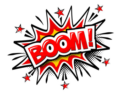 Boom comic text speech bubble in comic book style. Vector on transparent background
