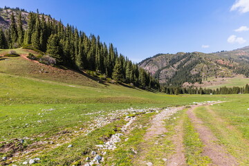 Fototapeta na wymiar Mountain summer landscape of Jeti-Oguz (seven bulls) gorge near Issyk-Kul lake, Kyrgyzstan. Trekking to The Maiden's Tears Waterfall