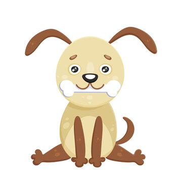 Sweet little puppy siting with bone in mouth. Collection funny animals. Cute domestic kind pet in cartoon style spotted small dog with long ears. Dog friend. Comic doggy for kids. Vector illustration