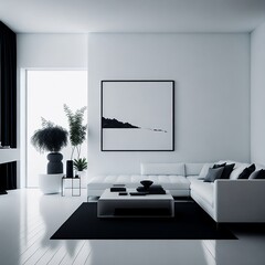 Frame mockup in living room interior background, Coastal boho style, 3D render generative artificial intelligence 