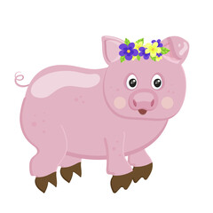 Little pink pig farm animal. Collection funny animal. Cute domestic kind animal in cartoon style small toy pig. Decoration in the form of a bouquet of flowers on the head. Vector illustration