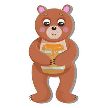 Woodland brown sweet bear animal. Cute forest wild life teddy with honey pot. Perfect for scrapbooking, card, poster, sticker kit. Children educational banner. Fauna image for kid. Vector illustration