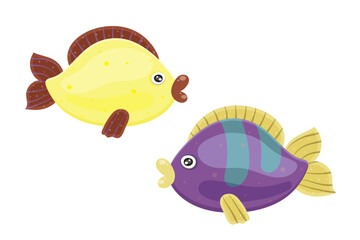 Couple of ocean fishes. Aquarium little fish icon isolated on white background. Sea animal in cartoon style. Funny tropic underwater wild life, colorful exotic fish collection. Vector illustration