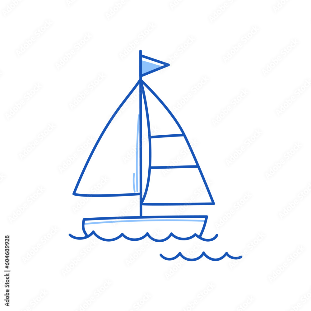 Wall mural sail boat, yacht ship doodle. hand drawn sketch doodle style sail boat. blue pen line stroke isolate