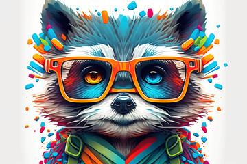 Cartoon colorful raccoon with sunglasses on white background. Created with generative ai