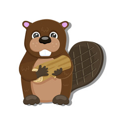 Woodland beaver big tail animal. Cute forest wild beaver with wood on hands. Perfect for scrapbooking, card, poster, sticker kit. Children educational banner. Fauna image for kid. Vector illustration