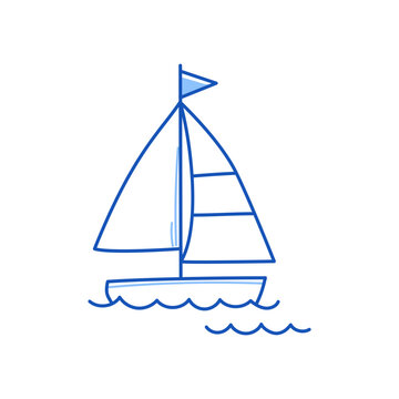 Sail boat, yacht ship doodle. Hand drawn sketch doodle style sail boat. Blue pen line stroke isolated element. Travel, trip concept. Vector illustration.
