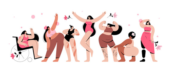 Body positive big height women. Happy plus size girls lifestyle. Set of woman with different body and ethnicity posing together. Body positivity concept. Diversity female beauty. Vector illustration