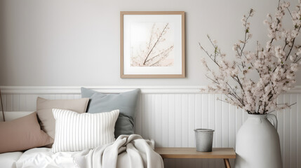 Spring home decor. Elegant scandinavian living room interior. Wooden picture frame, poster mockup on sofa. Linen striped cushions, throw. Blurred background. Cherry plum blossoms in vase, wooden stool - obrazy, fototapety, plakaty